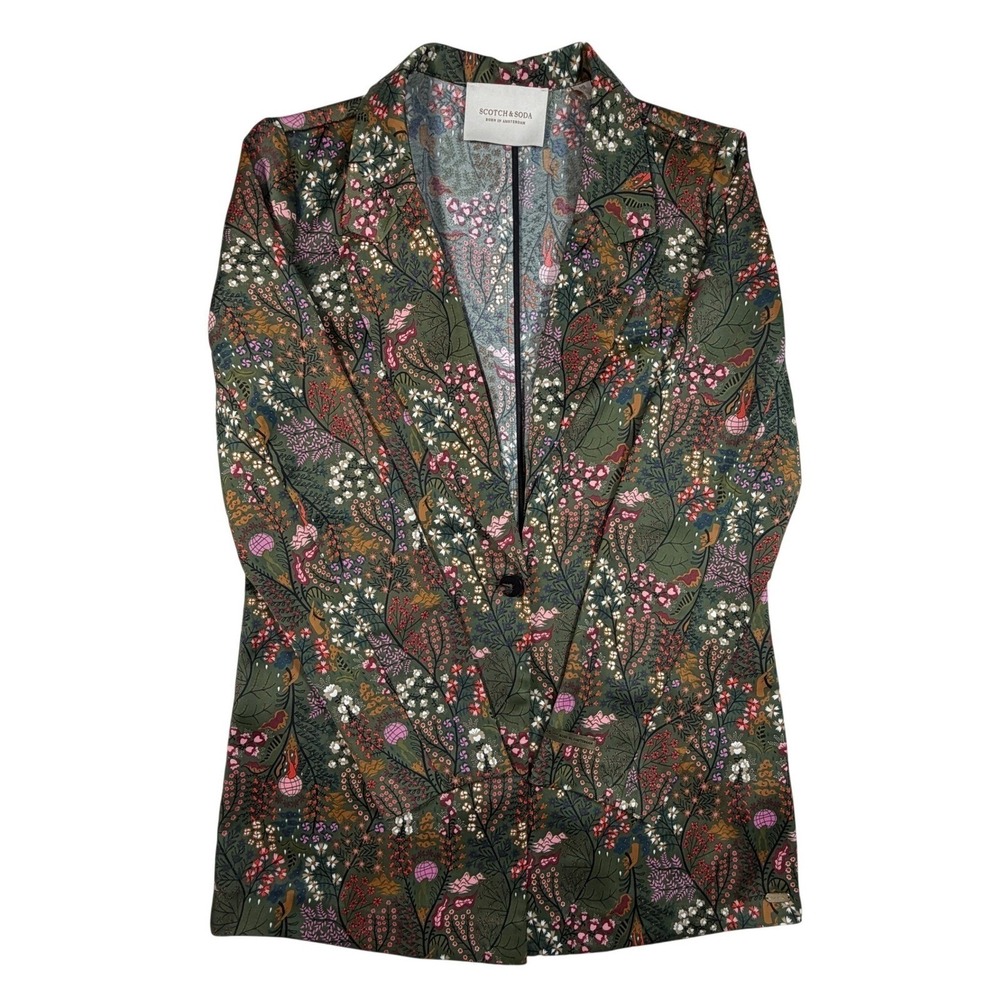 Scotch and Soda Womens Small Floral Print Single Button Blazer Top Shirt‎ Green
